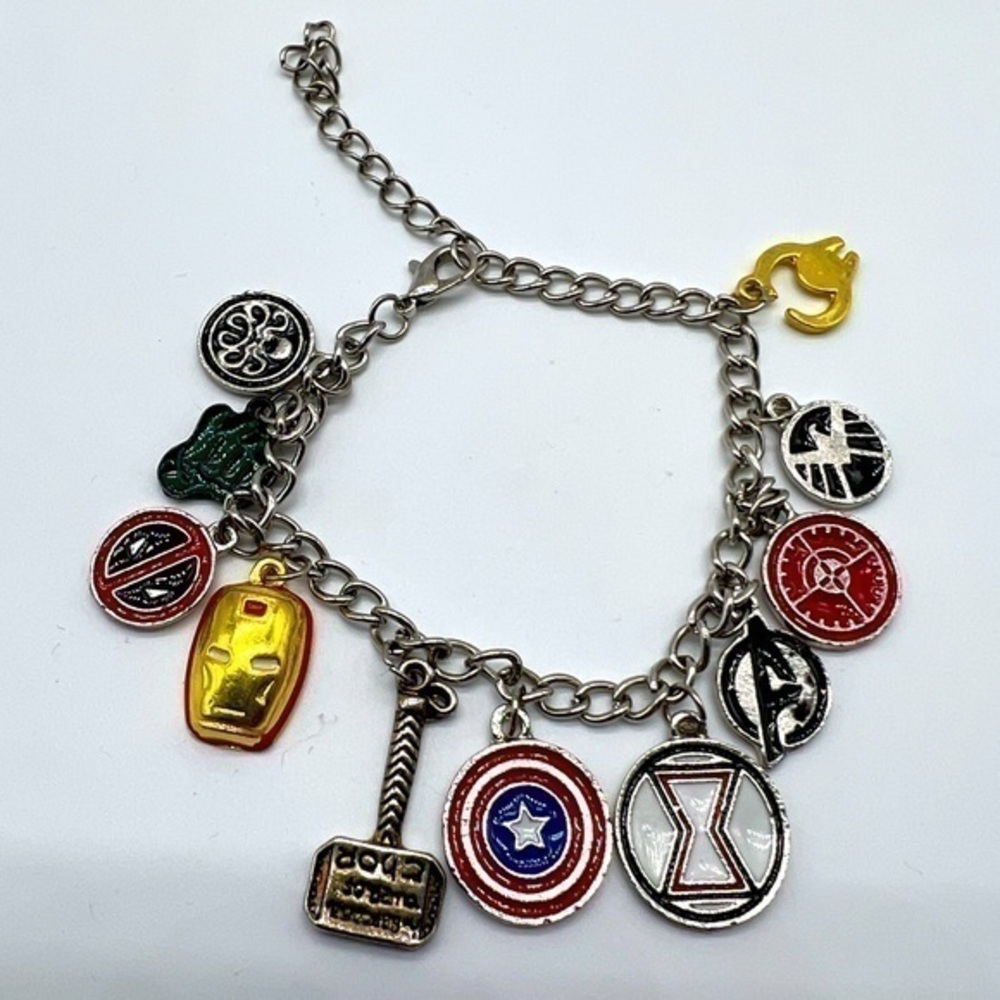 AVENGERS character charm bracelet featuring Thor’s hammer and other symbols